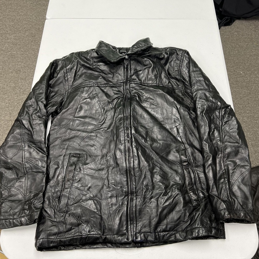 Haband Leather Jacket Mens Medium Black Patchwork Faux Fur Lined Full Zip